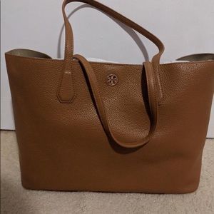 Tory Burch Perry Leather Tote Bag, Bark/Light Gold